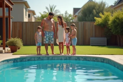 Famille devant une piscine hors sol en été