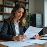 Femme d'affaires en train de lire des documents dans un bureau moderne