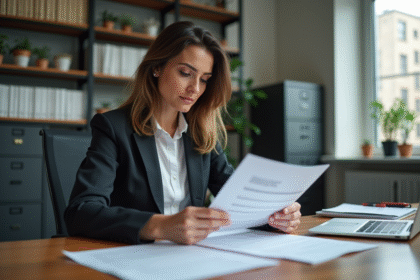 Femme d'affaires en train de lire des documents dans un bureau moderne