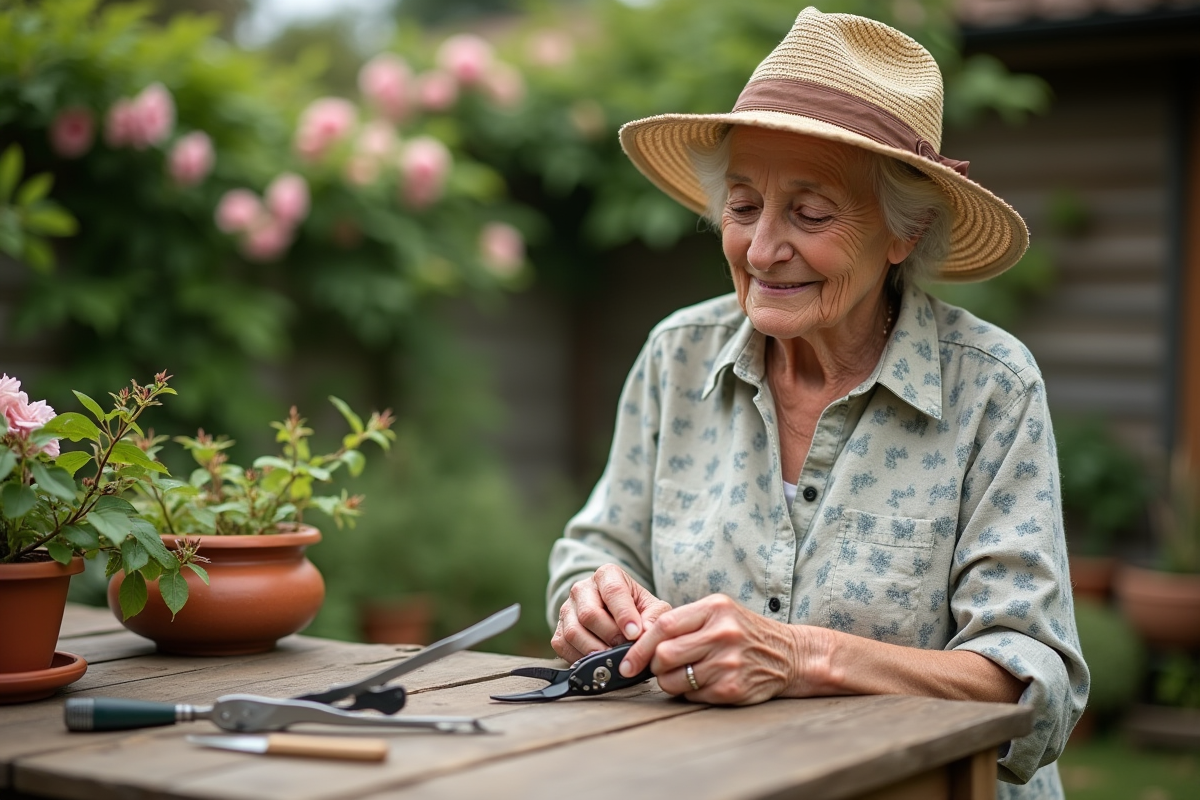 Femme âgée entretenant ses secateurs dans le jardin