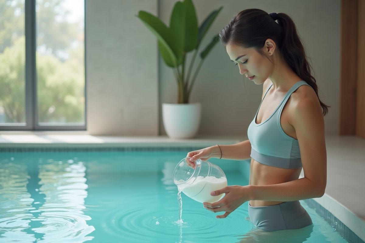 Femme versant des produits dans la piscine intérieure