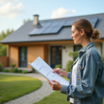 Femme regardant plans devant maison écologique moderne