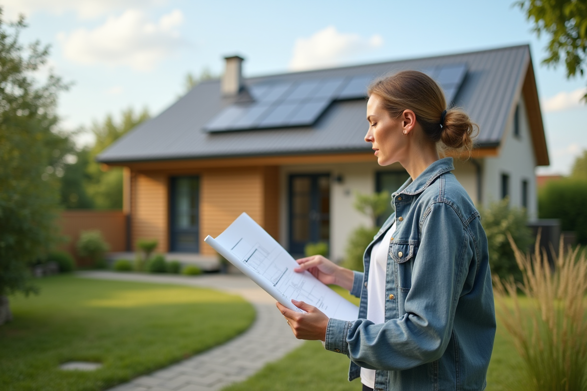 Femme regardant plans devant maison écologique moderne