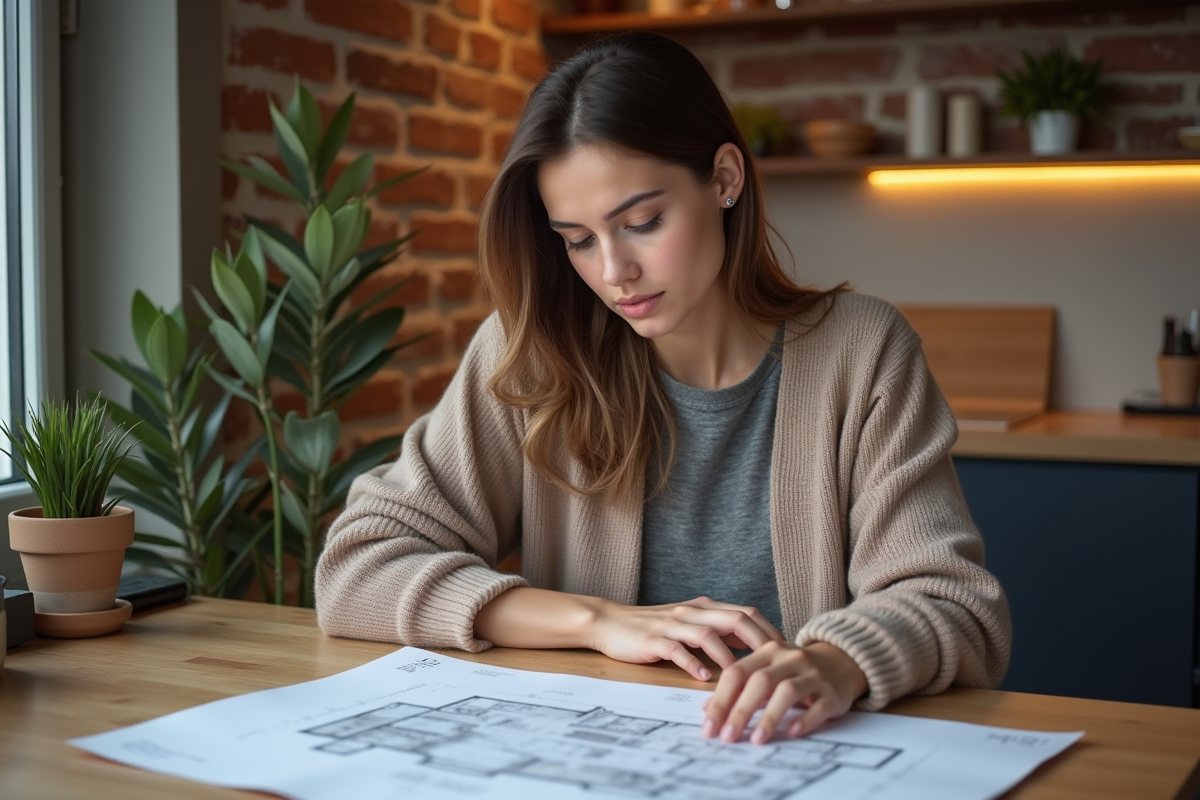 Jeune femme regardant des plans de maison dans la cuisine