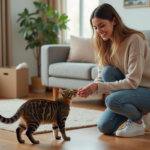 Jeune femme avec chat dans un nouveau logement chaleureux