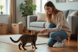 Jeune femme avec chat dans un nouveau logement chaleureux