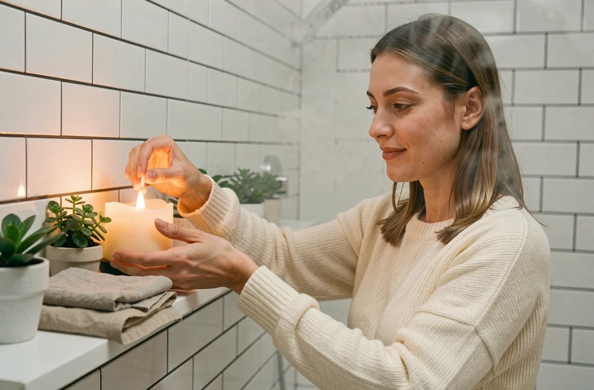 Femme plaçant une bougie LED rechargeable en cire sur une étagère de salle de bain entourée de plantes vertes et de serviettes en lin