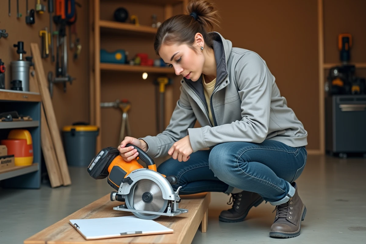 Jeune femme examine une scie circulaire sans fil dans son garage
