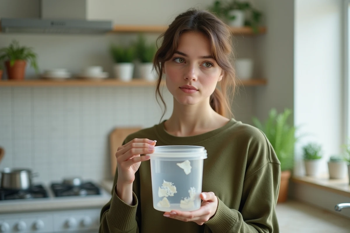 Jeune femme inspectant un contenant en plastique cassé dans la cuisine