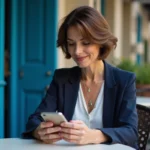 Femme d'âge moyen au café urbain avec porte bleue