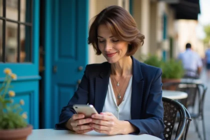Femme d'âge moyen au café urbain avec porte bleue