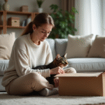Femme assise avec un chat dans un appartement cosy