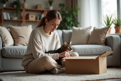 Femme assise avec un chat dans un appartement cosy