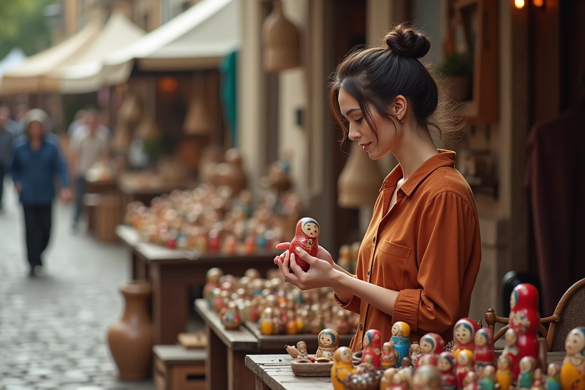 Femme tenant une poupée Matriochka ouverte révélant ses poupées imbriquées sur un stand de marché aux puces vintage