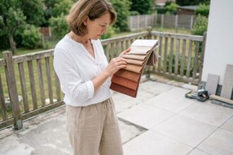 Femme planifiant le choix d'un store avant la rénovation de sa terrasse en consultant des échantillons de tissu