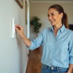 Femme souriante utilisant un interrupteur moderne dans un salon