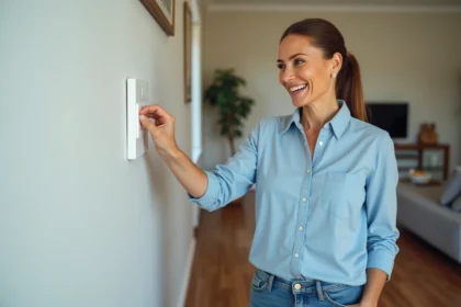 Femme souriante utilisant un interrupteur moderne dans un salon