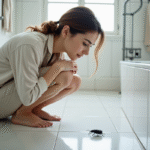 Jeune femme curieuse près de la baignoire avec un insecte