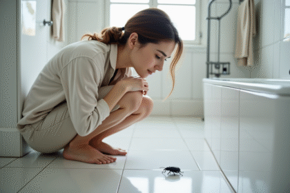 Jeune femme curieuse près de la baignoire avec un insecte