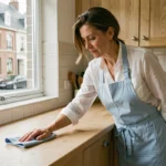Femme de ménage à domicile nettoyant un plan de travail dans une cuisine moderne à Rennes