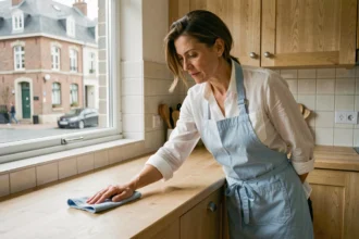 Femme de ménage à domicile nettoyant un plan de travail dans une cuisine moderne à Rennes