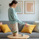 Femme arrangeant des coussins colorés dans un salon moderne