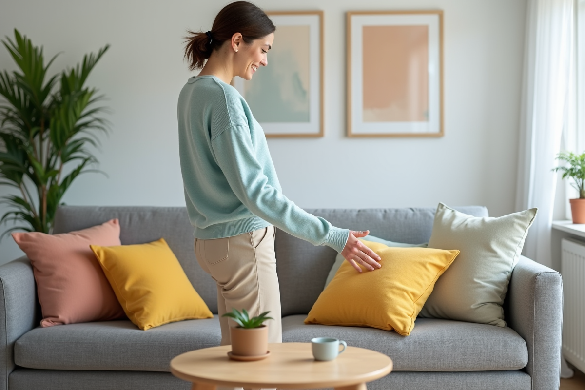 Femme arrangeant des coussins colorés dans un salon moderne