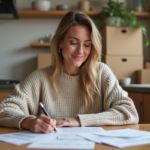 Femme écrivant des cartes de notification à la maison
