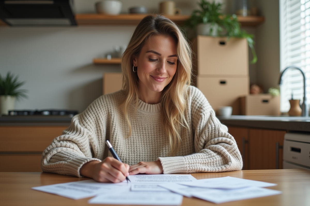 Femme écrivant des cartes de notification à la maison