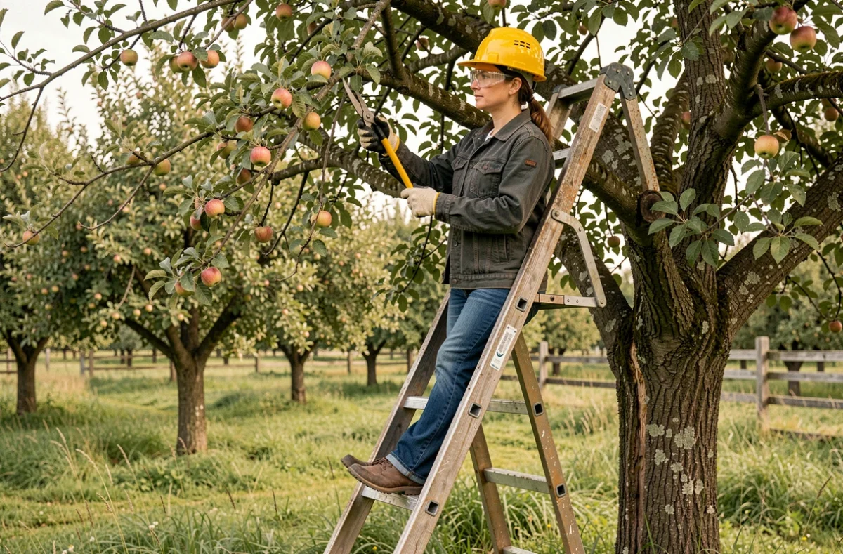Femme élaguant un pommier en hauteur sur une échelle industrielle dans un verger rural, équipée d'un casque et de lunettes de protection
