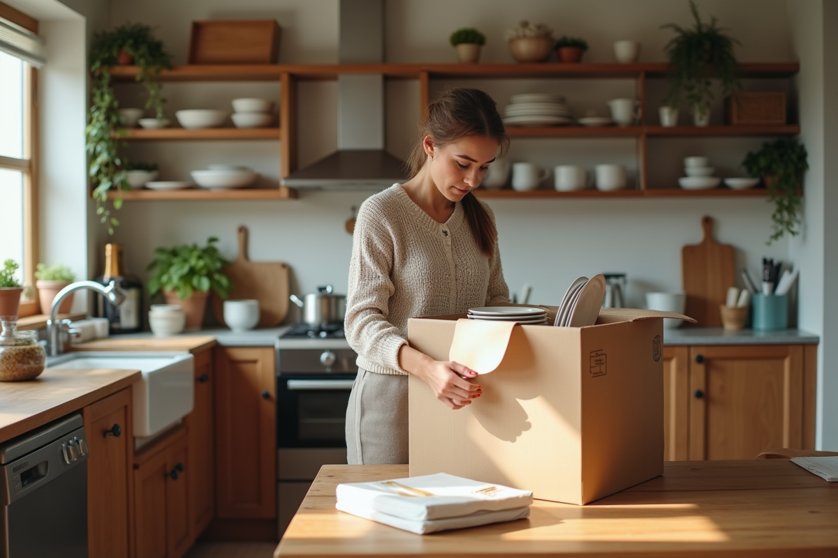 Femme emballant des assiettes dans sa cuisine ensoleillee