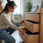 Femme sécurisant un meuble avec du ruban adhésif dans un appartement