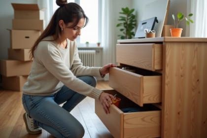 Femme sécurisant un meuble avec du ruban adhésif dans un appartement