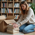 Femme d'âge moyen emballant des livres dans un intérieur cosy