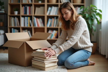 Femme d'âge moyen emballant des livres dans un intérieur cosy