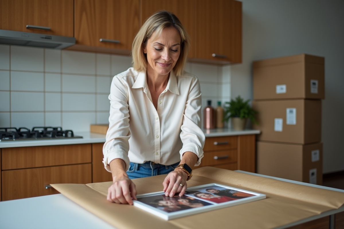 Femme emballant une photo de famille dans la cuisine