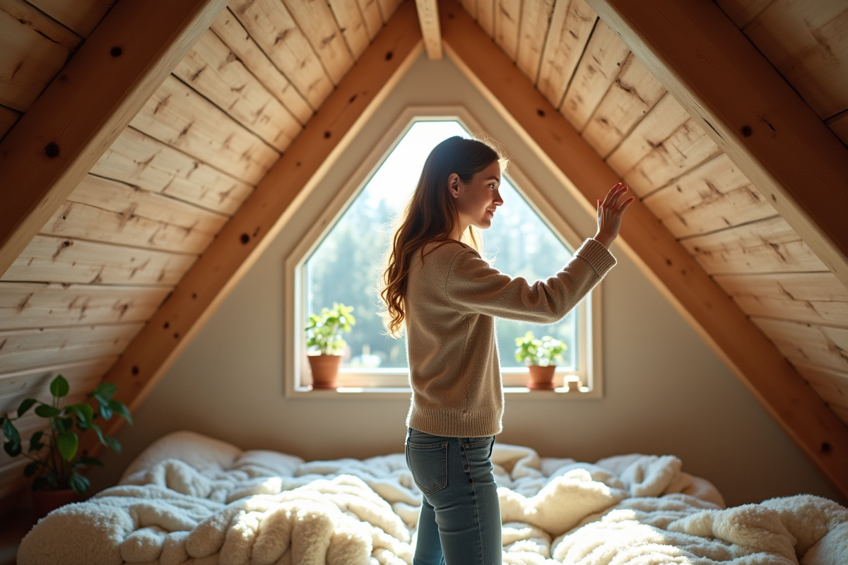 Jeune femme vérifiant isolation écologique dans un grenier lumineux