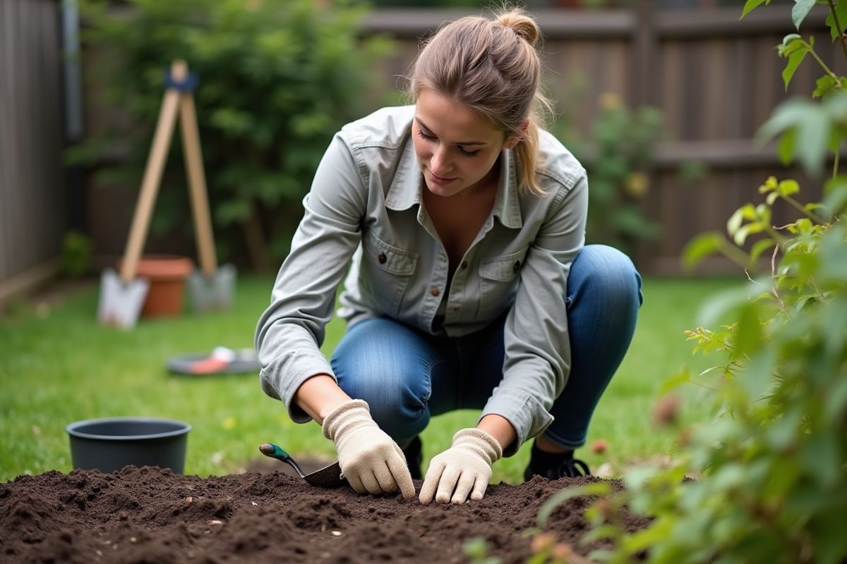 Femme testant le sol dans un jardin verdoyant