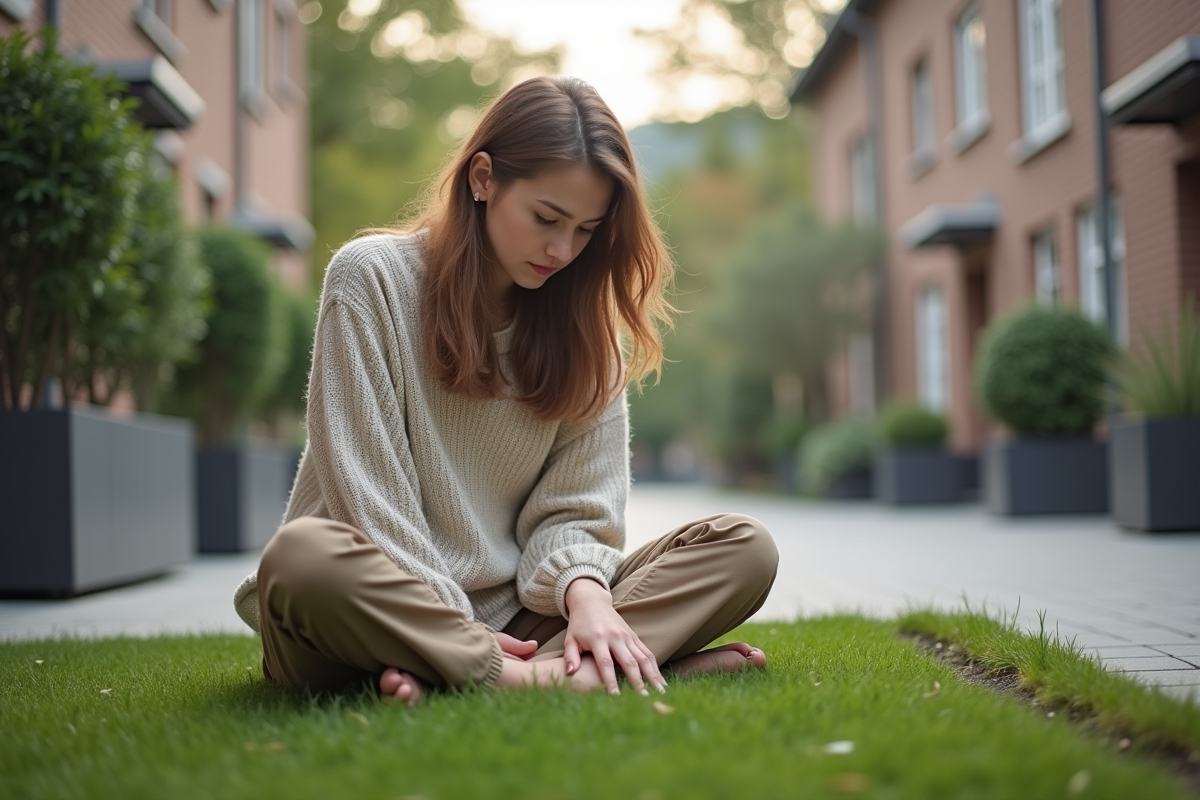 Jeune femme en vêtements décontractés examinant du gazon dans un petit jardin urbain
