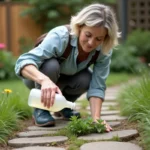 Femme versant du vinaigre sur des mauvaises herbes dans le jardin