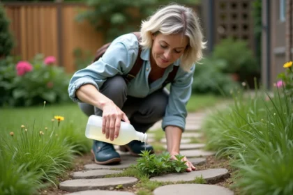 Femme versant du vinaigre sur des mauvaises herbes dans le jardin