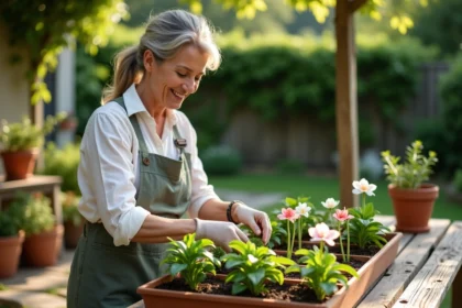 Femme en jardinage délicat avec alstroemeria dans un jardin