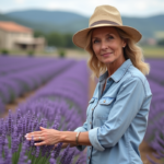 Femme en chapeau de paille inspectant la lavande en Provence