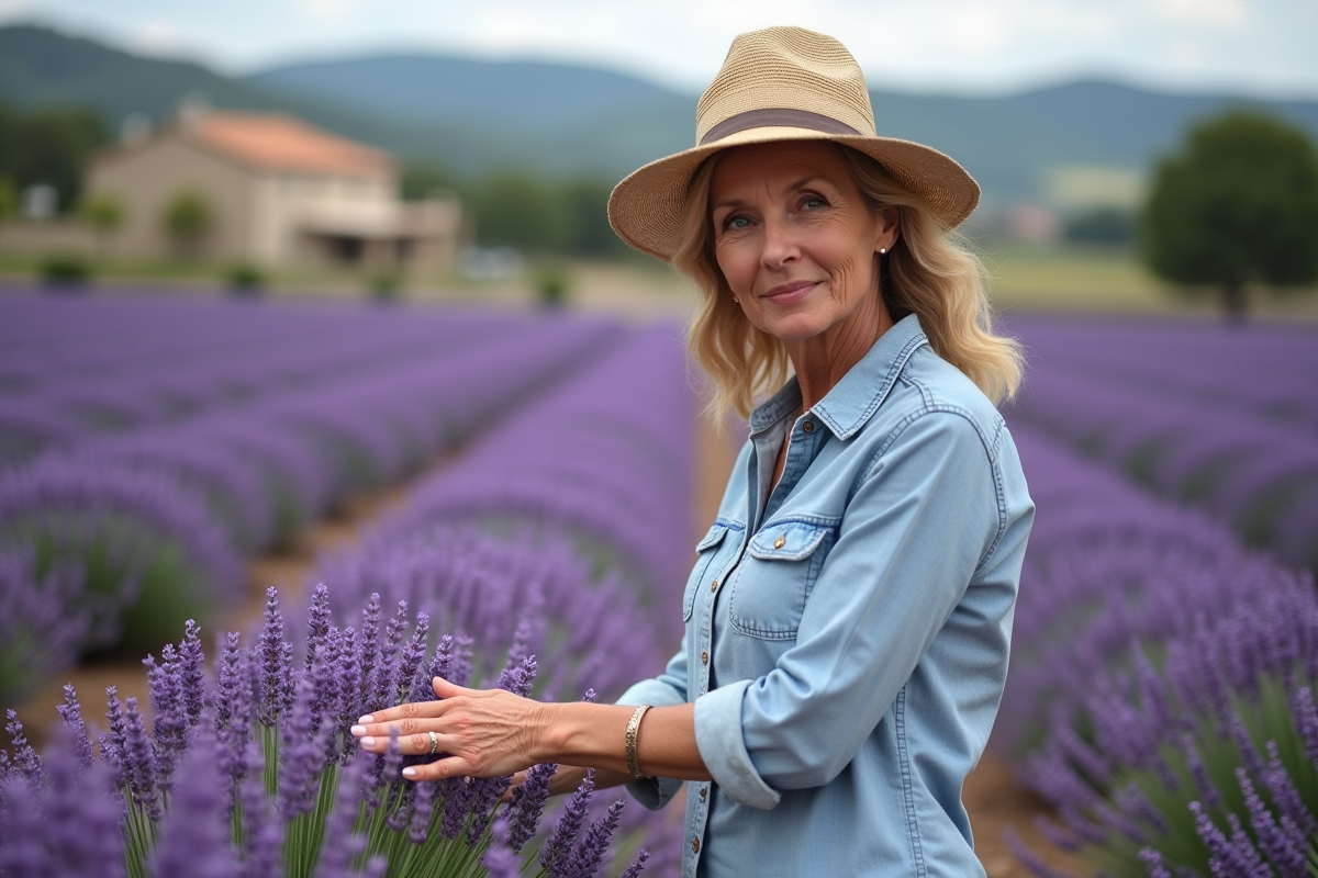 Femme en chapeau de paille inspectant la lavande en Provence