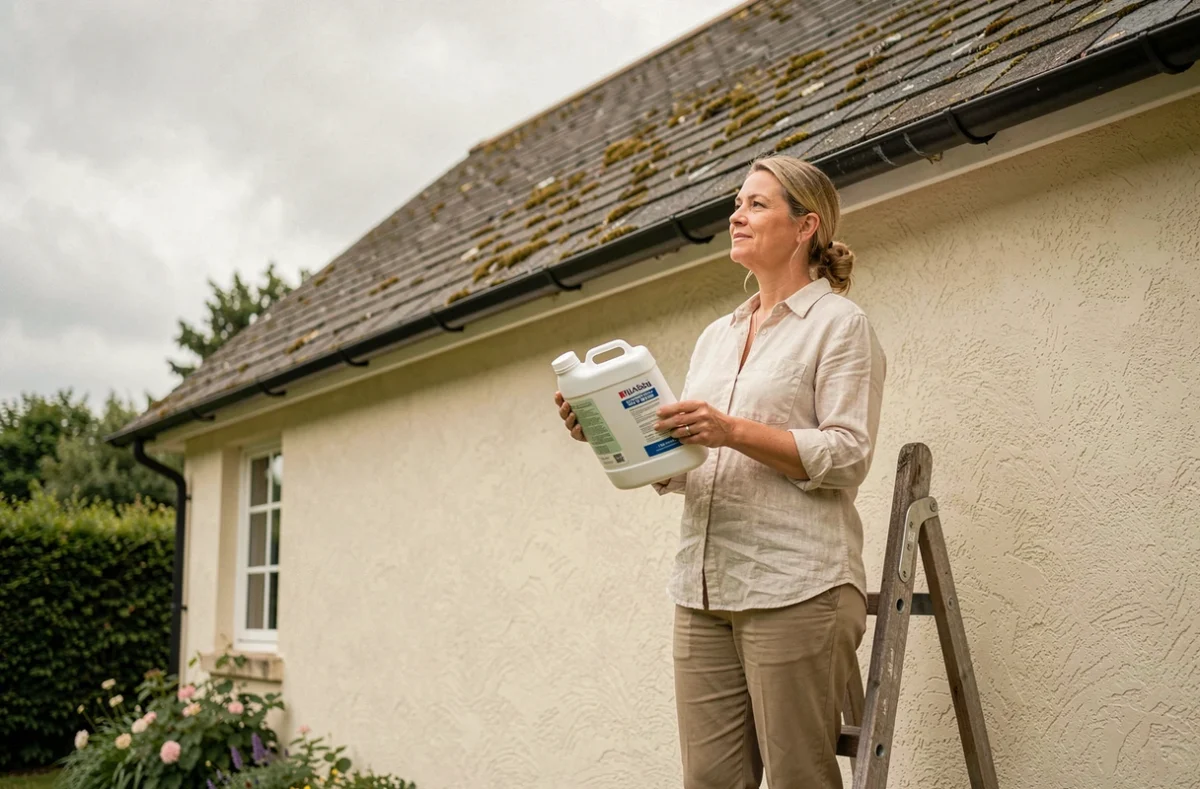 Femme lisant l'étiquette d'un produit nettoyant pour toiture devant une maison de campagne aux tuiles couvertes de mousse