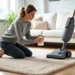 Femme lisant l'étiquette d'une lessive avant d'utiliser une shampouineuse sur un tapis en laine beige dans un salon moderne