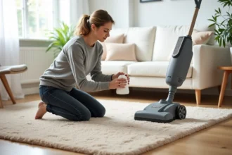 Femme lisant l'étiquette d'une lessive avant d'utiliser une shampouineuse sur un tapis en laine beige dans un salon moderne