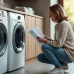 Femme lisant le manuel d'un lave-linge dans une buanderie moderne