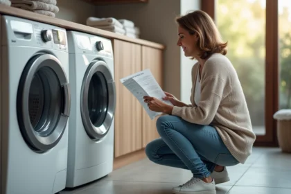 Femme lisant le manuel d'un lave-linge dans une buanderie moderne