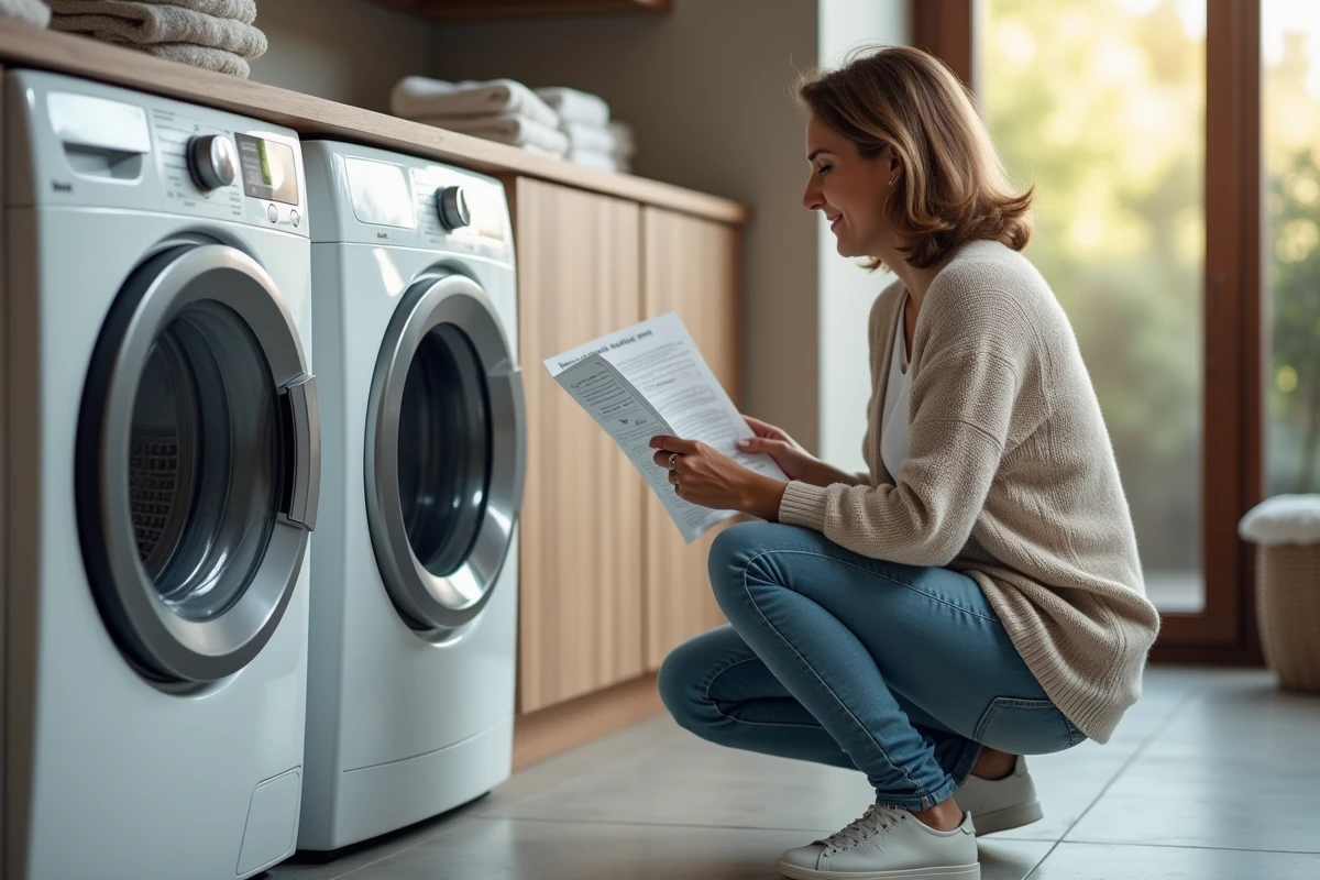 Femme lisant le manuel d'un lave-linge dans une buanderie moderne